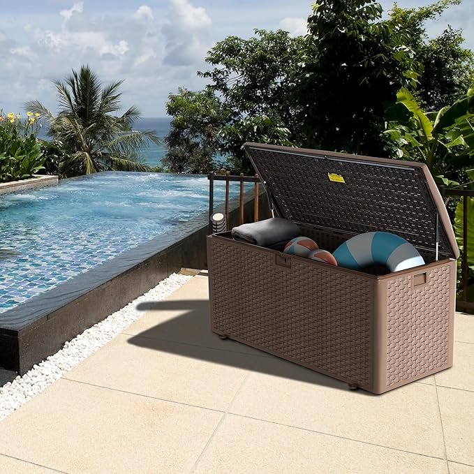 TARKARI Premium Pro Edition 180 Gallon Lockable Resin Deck Box, Waterproof & UV-Resistant Outdoor Storage Box for Outdoor Cushion Storage, Garden Tools & Pool Accessories Storage, Brown