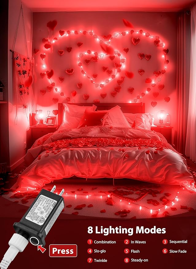Red Mini Christmas Lights - 39 Feet 100 LED Fairy String Lights with 8 Lighting Modes Waterproof Connectable for Indoor Outdoor Xmas Tree Garland Wreath Holiday Valentine's Day Decoration