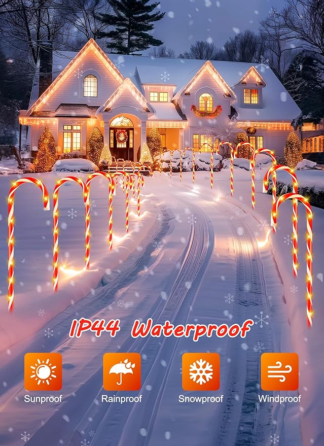 Brightown 28" Candy Cane Lights with Stakes, 2 Set Total 20 Large Christmas Pathway Lights, Outdoor Candy Cane Pathway Christmas Decorations for Yard, Lawn, Garden, Walkway, Sidewalk