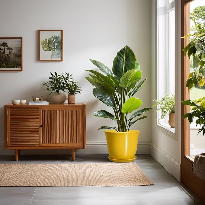 Ceramic Planter - 10 Inch Plant Pot for Indoor Outdoor, Round Flower Pots with Drainage Hole and Saucer, Large Plant Pot, Modern Planters, Home Room Decor, Gifts for Plants Lovers, Yellow