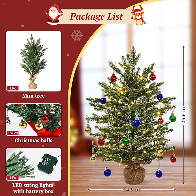 Uten Mini Christmas Tree Small Christmas Balls 18 PE Whitewash/1 Linen Base 50 LED Waterproof Battery Box with Christmas Decorations for Home, Office, Party