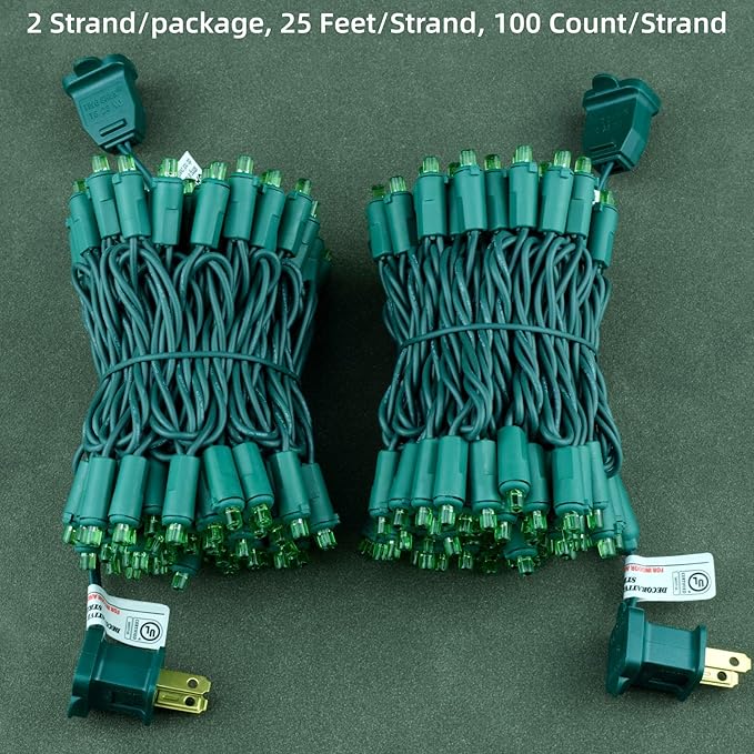 YULETIME Green Wide Angle LED Christmas Lights 200 Count 50 ft, Pack of 2 Strands 25 ft 100 Lights UL Certified Commercial Grade String Light Set (Green)