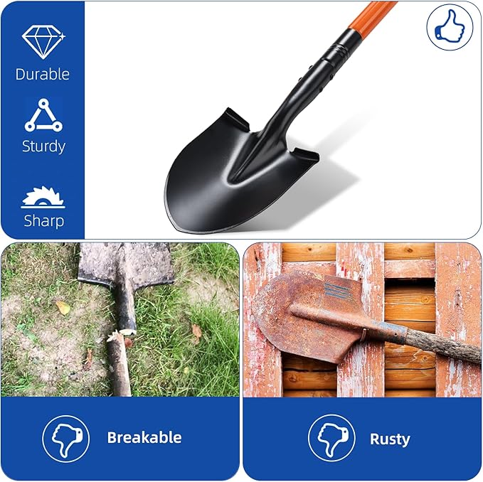 Small Shovel for Digging with Metal Handle, 43.7 Inch Heavy Duty Garden Shovel, Trench Shovels Ideal for Digging Gardening Trenching Planting Camping Transferring Scooping, Orange