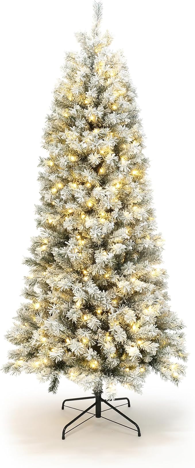 LuxenHome 7FT Flocked Christmas Tree, Slim Spruce Artificial Prelit Christmas Trees with Lights, Snow Flocked Xmas Tree with 365 LED Lights, Artificial Lighted Christmas Tree with Metal Stand