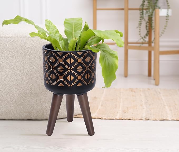 D'vine Dev 8 Inch Planter Pot with Stand, Mid-Century Tall Plant Pot with Legs for Indoor Plants, Small, Bronze/Black, 88-G-A-6