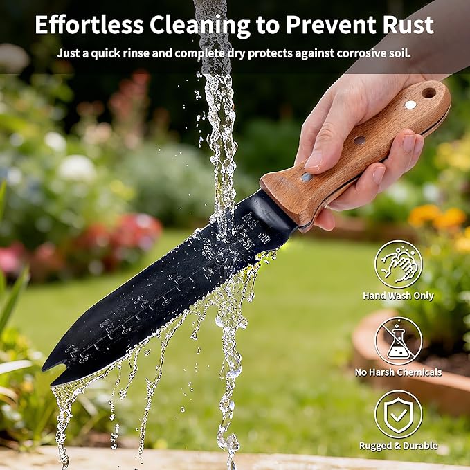 YANG Hori Hori Garden Knife, 7" Stainless Steel Gardening Knife with Oxford Cloth Sheath, Full Tang Beechwood Handle EDC Garden Tool for Dividing Plants & Weeding, Forked Tip for Transplanting