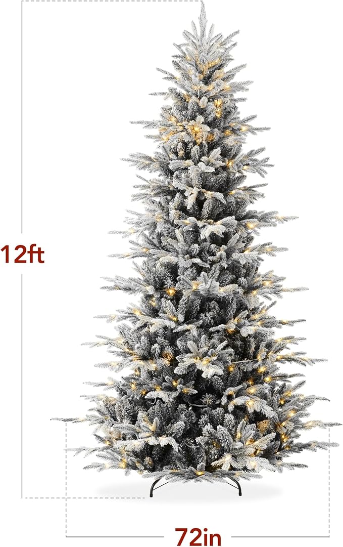 Best Choice Products Lighted Aspen Christmas Tree, 12ft Flocked Artifical Noble Fir, Pre-Lit White & Multicolored LED Lights Premium Holiday Décor - Black