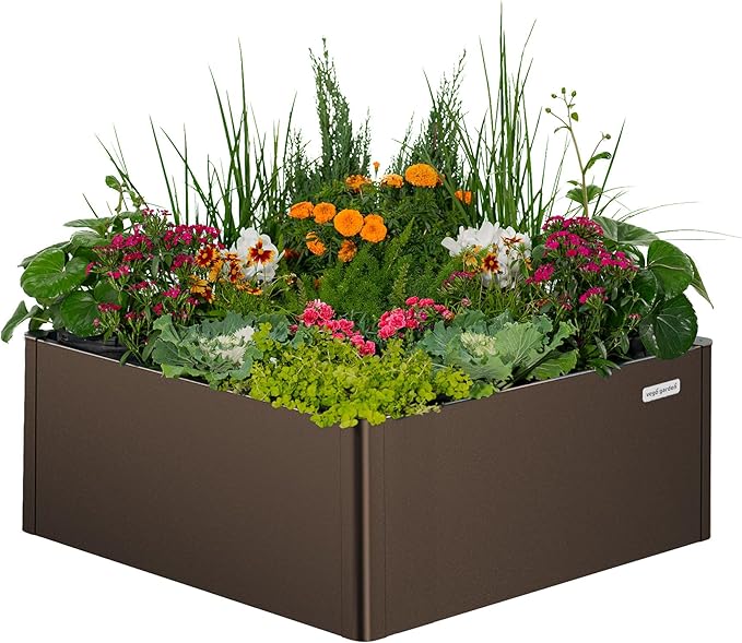 Vego garden Modern Raised Garden Bed 17" Tall 42" x 42" Heavy Cube Planter Box for Trees Plants Flowers Double-Walled Metal Planters for Outdoor Commercial Residential Patio, Umber Brown