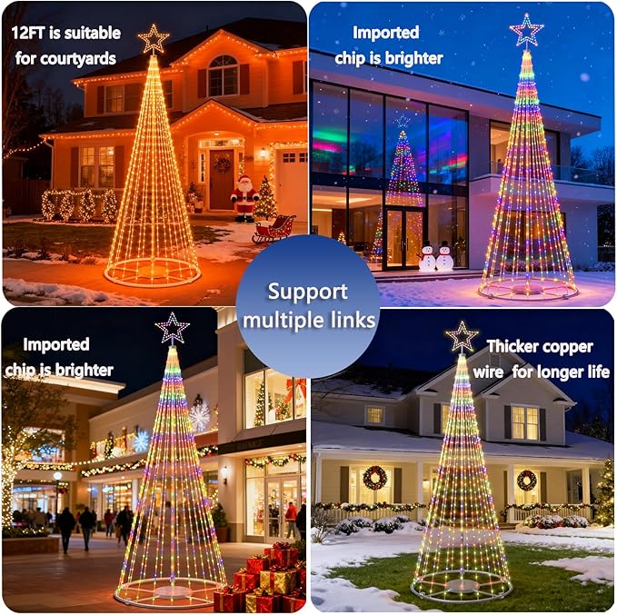 12Ft Outdoor Lighted Christmas Tree Lights Cone Tall Star Topped Artificial Christmas Trees Arbol de Navidad Outside Decor for Xmas New Year Holiday Multicolor/WarmWhite
