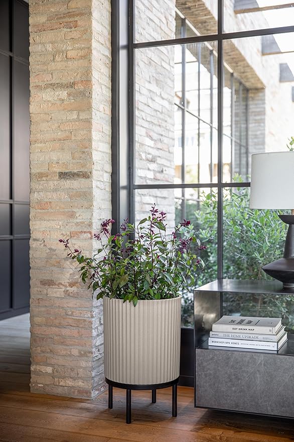 Veradek Demi Series Round Planter w/ Stand for Porch/Patio | Durable Plastic-Concrete & Wooden Stand | Modern Décor for Tall Plants, Flowers