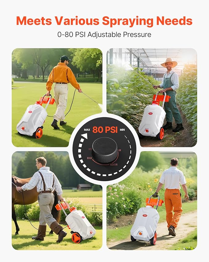 VEVOR Battery-Powered Sprayer with Wheeled Cart, 10 Gallons Electric Weed Sprayer, Adjustable 0-80 PSI, Yard Lawn Sprayers with Wheels, 5 Nozzles & 98ft Hose, 3-6H Spray Time, for Weeding, Cleaning