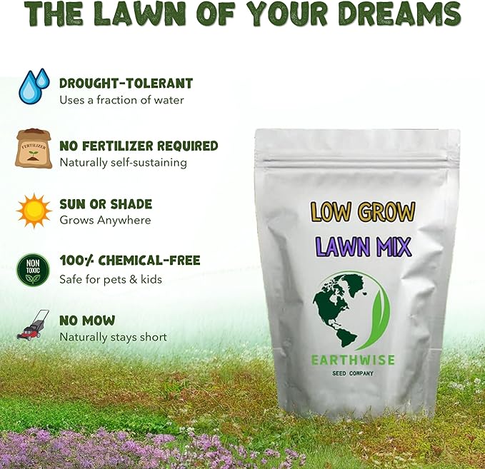 Earthwise Low Grow Alternative Lawn Mix, No Mow Grass Seed, 1/2 lb, Covers 200 sq. ft. Bare or 500 sq. ft. Overseed