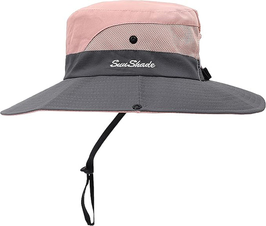 Womens Summer Sun Hat Beach Hat Wide Brim Outdoor UV Protection Hat Foldable Cool Mesh Ponytail Bucket Hat
