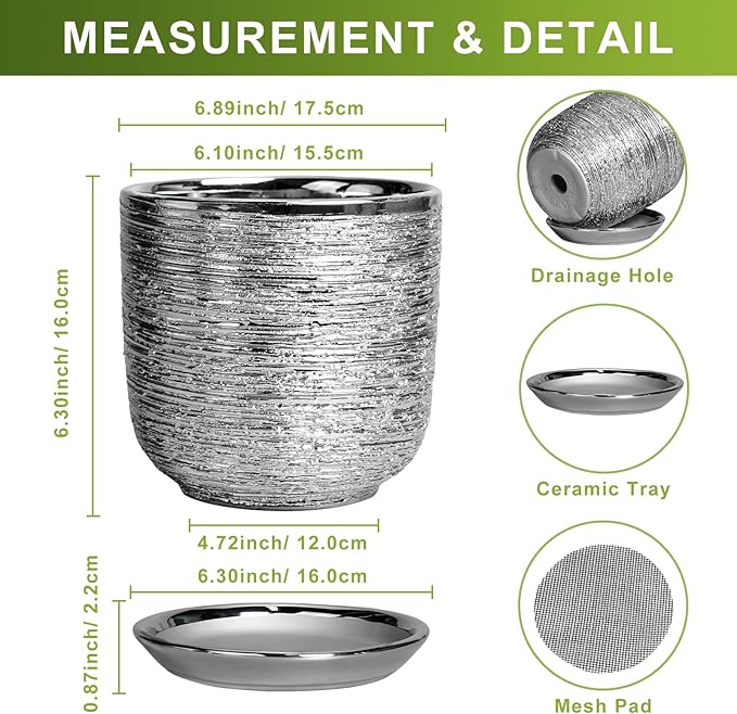 Ceramic Flower Pot - 7 Inch Ceramic Plant Pot for Indoor Flowers, Modern Outdoor Round Planter with Drainage Hole and Saucer, Gifts for Plant Lovers, Home Garden Decor, Silver