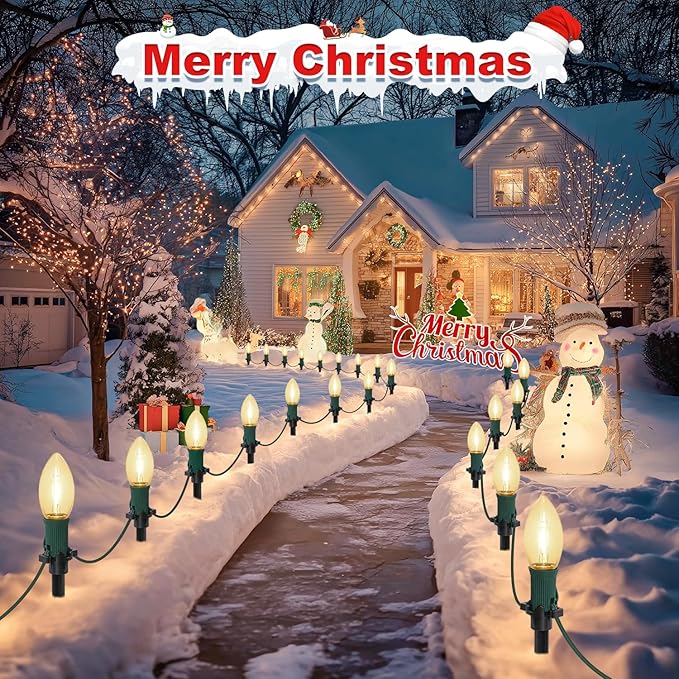 30Ft C9 Led 20 Bulbs Christmas Pathway Lights Outdoor, Warm White Led Bulbs Waterproof Connectable Christmas Walkway Lights with Stakes for Yard Lawn Sidewalk Driveway, Christmas Decorations