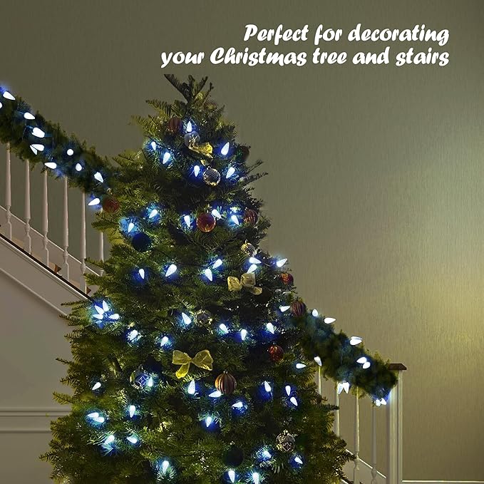 WBao Battery Operated Christmas Lights 100 LED 33ft, C6 String Lights with 8 Modes, Timer, Waterproof Design for Indoor Outdoor Christmas Trees, Fence, Stairs Xmas Decorations, Cool White