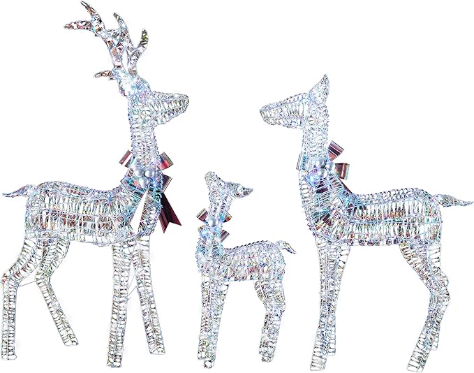 3-Piece Iridescent Christmas Deer Outdoor Decorations, 4.5ft Reindeer Family Set Outdoor Lighted Display with 350 LEDs, 2025 Upgraded Rattan, Stakes & Zip Ties for Long-Lasting Yard Garden Decor