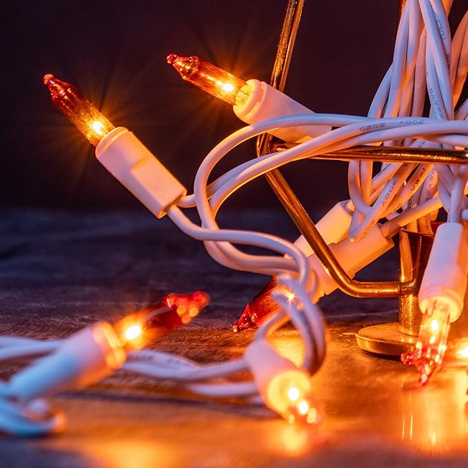 YULETIME 200 Orange Christmas Lights, Pack of 2 Strands of 21 ft 100 Count UL Certified Incandescent Mini String Light (Orange - White Wire)
