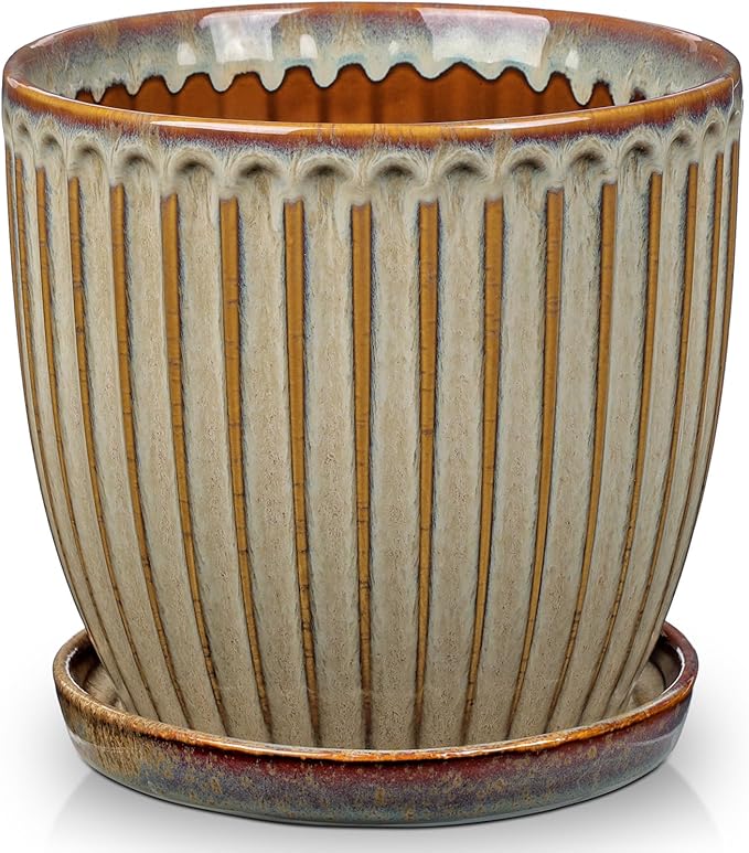 Oairse Ceramic Pots for Indoor Plants, 7.8 inch Pots for Plants Brown Planters with Drainage Holes and Saucers Texture Ceramic Planters Indoor Outdoor for Succulent