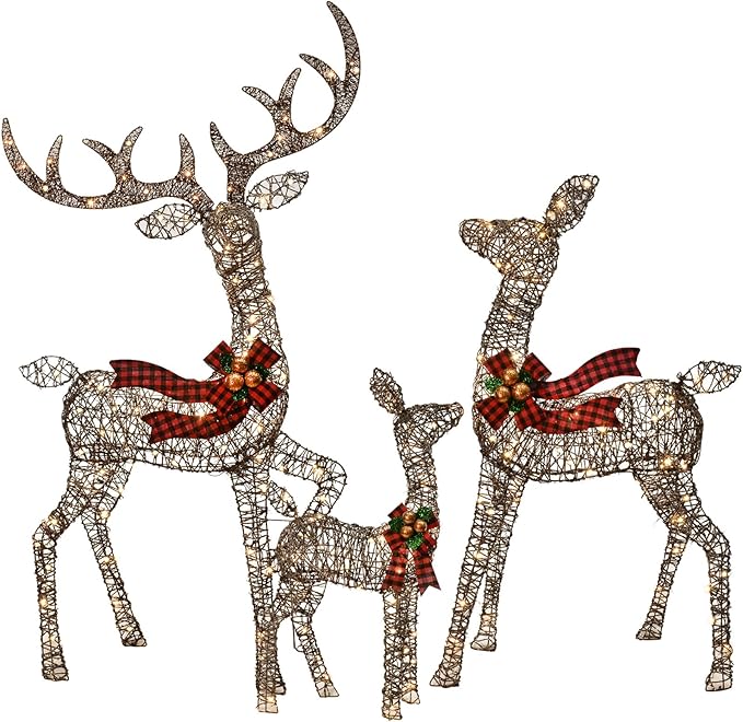 Outdoor Christmas Decorations Rattan Reindeer Family - Light Up Rattan Deer 3 Set with 210 LED Lights - Outside Yard Decor Kit Including Lighted 3-Piece Deer, Stakes - Brown