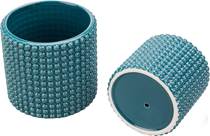 MyGift 6 Inch Ceramic Round Planter Pot, Set of 2 Vintage-Style Turquoise Ceramic Flower Pots, Indoor Hobnail Textured Cylindrical Succulent Plant Containers