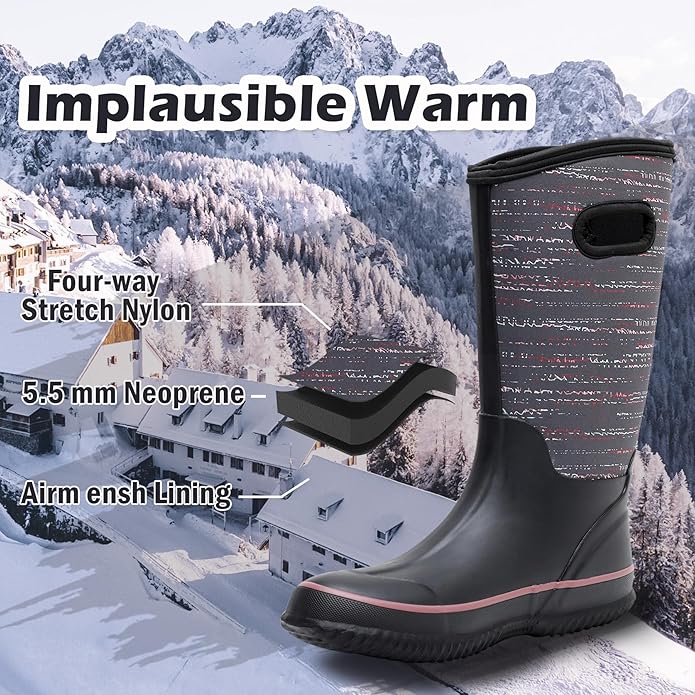 WTW Mid Calf Rain Boots for Women - Waterproof Insulated Neoprene Mud Boots Outdoor Hunting Garden Boots
