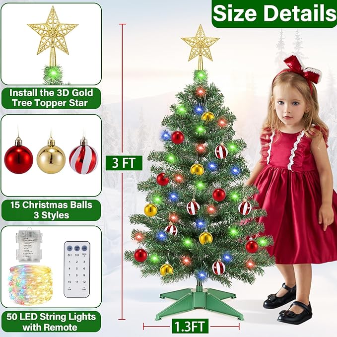 [ Timer & 12 Modes ] 3 Ft Christmas Tree with 50 Warm White & Multi Color Lights 15 Ball Ornaments 3D Star Remote Control Battery Operated Small Christmas Tree Xmas Christmas Decorations (Green PVC)