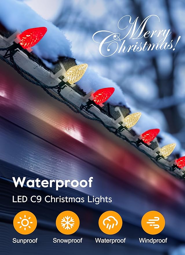 C9 LED Christmas Lights Outdoor, 68 Ft 100 LED C9 String Lights with 100 All in One Clips, Connectable Waterproof Christmas Tree Lights for Outside Roofline Backyard Garden Decor, Red & Warm White