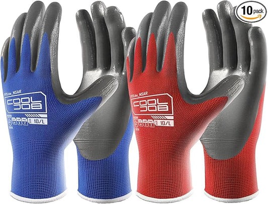 COOLJOB 10 Pairs Nitrile Dipped Safety Work Gloves with Grip, Non-slip Rubber Coated Bulk Garden Gloves for Men, Heavy-duty Oil Resistant for Truck Driver, Warehouse Box Handler, Medium, Red Blue