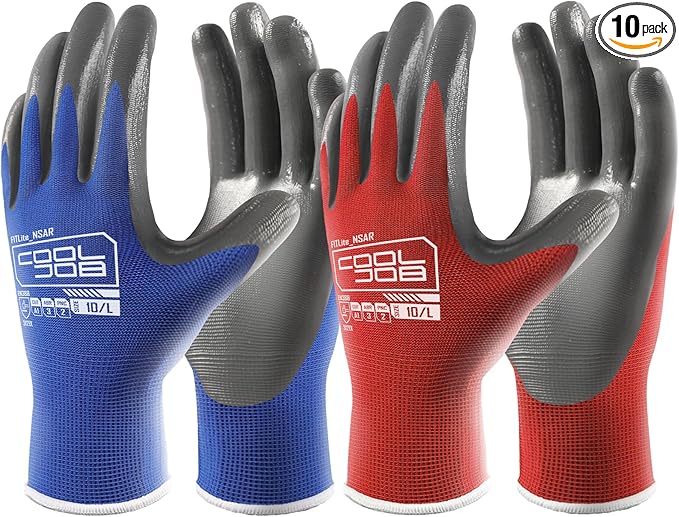 COOLJOB 10 Pairs Nitrile Dipped Safety Work Gloves with Grip, Non-slip Rubber Coated Bulk Garden Gloves for Men, Heavy-duty Oil Resistant for Truck Driver, Warehouse Box Handler, Large, Red Blue