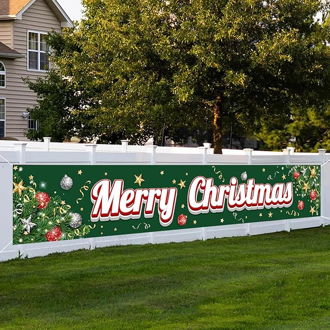 Happy Christmas Large Banner,Christmas Tree Branches Banner for Outside,Merry Christmas Green Decorations for Yard Garden 120x20 Inches