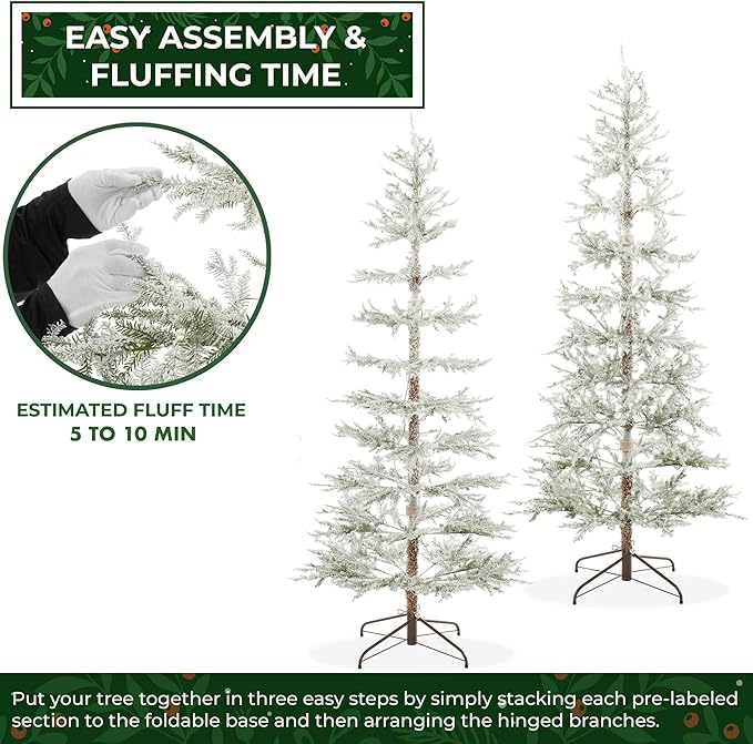 Casafield 7.5FT Pre-Lit Sparse Flocked Pine Artificial Holiday Christmas Tree with Sturdy Metal Stand