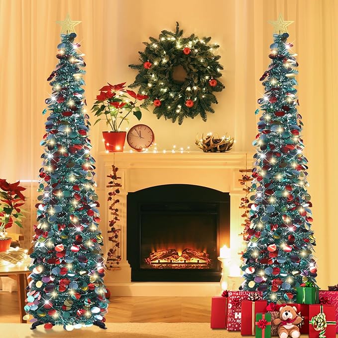 HMASYO 6 FT Pop Up Christmas Tree with 100 LED Lights & Remote, Green Christmas Tinsel Tree, Collapsible Artificial Pencil Tree for Home Office Party Decor, USB Powered Timer Lights, Easy Assembly