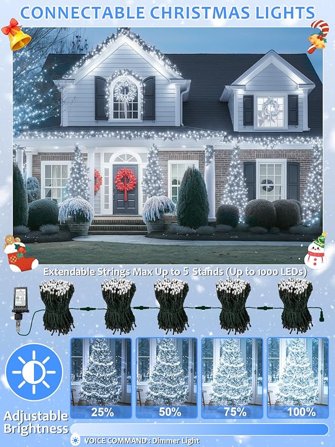 Voice Controlled Smart Christmas Lights Outdoor, 75.8ft 200 LED Extendable String Lights with 7 Voice Commands, 12 Modes & Timer, Waterproof Christmas Decorations for Party Tree Garden (Cool White)