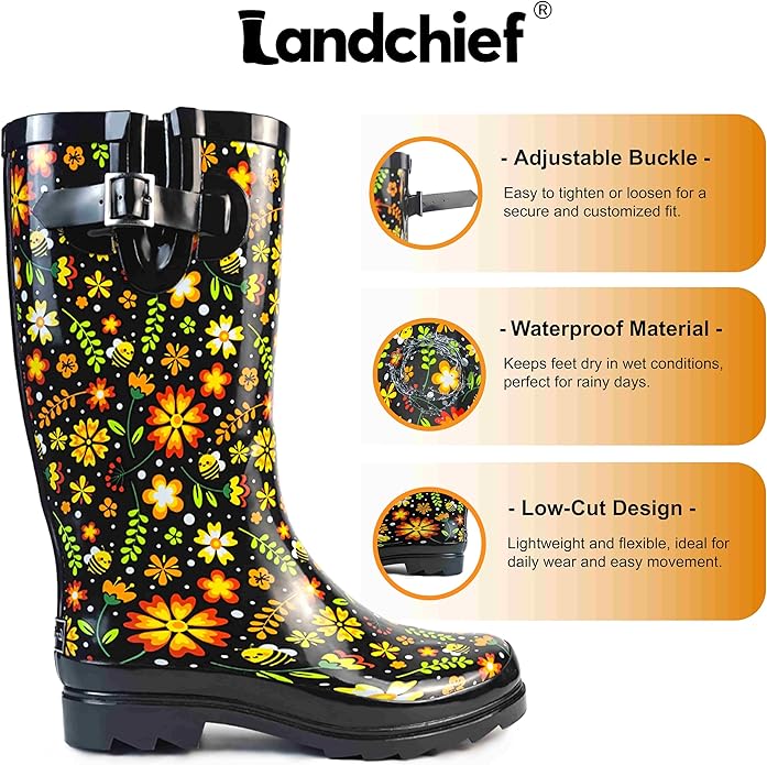landchief Rain Boots for Women, Waterproof Ladies Tall Knee High Rubber boots,Comfort Garden Boots Anti-Slip Mid Heel Women Rain Shoes Outdoor