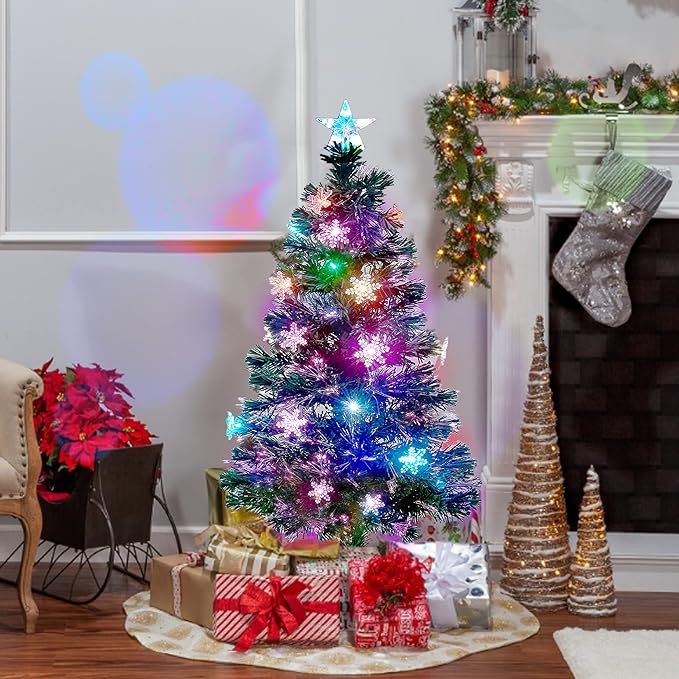 Juegoal 4 ft Pre-Lit Artificial Christmas Tree, Lighted Optical Fiber Xmas Trees with RGB Color Changing LED Lights, Snowflakes & Top Star, Festive Party Holiday Fake Multicolored Tree with Metal Legs