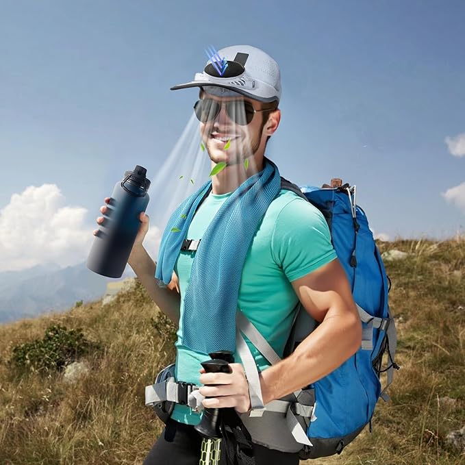 3-Piece Cooling Set, Include Solar Powered Fan Hat, Insulated Water Bottle, Instant Cooling Towels, Perfect for Hiking, Amusement Part, Sport Events, and Outdoor Working Gray