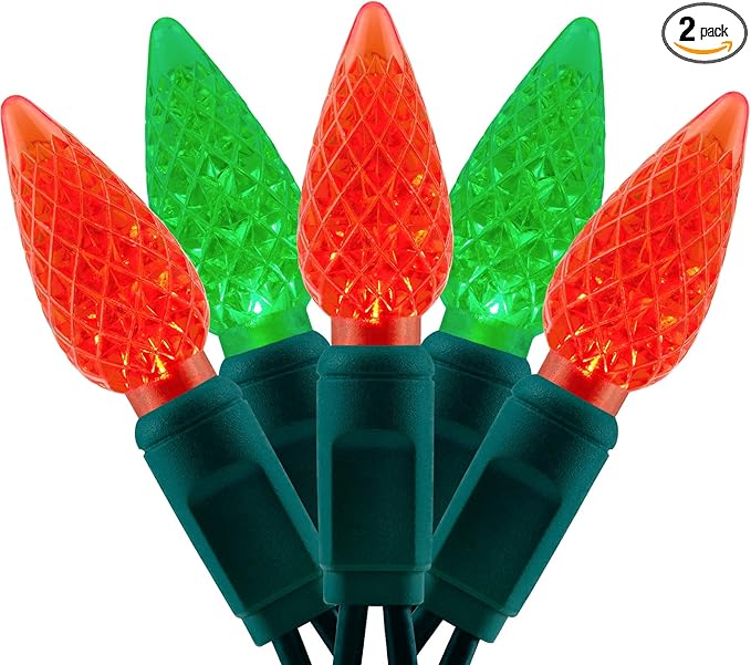 YULETIME Red and Green One-Piece C6 Strawberry Christmas Lights 140 Count 71 Feet, 2 Sets 70 LED 35.5 ft High Waterproof UL Certified String Light (Red & Green)