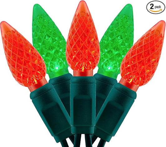 YULETIME Red and Green One-Piece C6 Strawberry Christmas Lights 140 Count 71 Feet, 2 Sets 70 LED 35.5 ft High Waterproof UL Certified String Light (Red & Green)