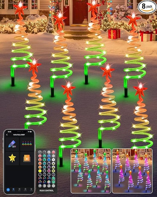 8 Pack Smart Christmas Pathway Lights Outdoor APP Control, Multicolor Connectable Spiral Tree Lights with RGB DIY, Music, Timer, Waterproof LED Christmas Outdoor Decorations for Pathway, Yard,Walkway