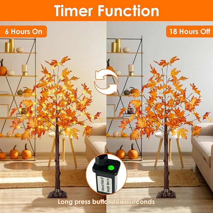 2 Pack 4FT Artificial Lighted Maple Tree, Fall Decorations for Home with Timer, 100 LED Prelit Fall Decor Maple Tree with Warm White Light for Indoor Outdoor Harvest Halloween Thanksgiving Day, Orange