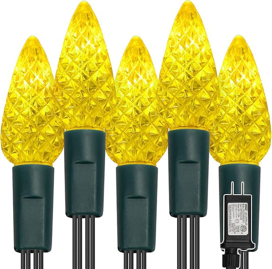 WATERGLIDE C6 Christmas Lights, 33ft 100 LED Faceted String Lights Green Wire Fairy Lights with 29V Safe Adaptor, 8 Lighting Mode, Waterproof for Indoor Outdoor Patio Xmas Tree Party Decor, Yellow