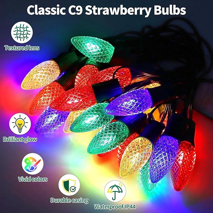 C9 Strawberry Christmas Pathway Lights Outdoor, 20 LED Multicolor Outdoor Christmas String Lights with Stakes, 25.7FT Holiday Decorations for Indoor, Outside,Roofline, Backyard, Xmas Decor