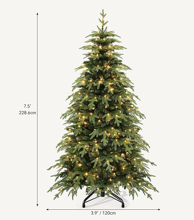 DWVO 7.5ft Pre-lit Artificial Christmas Tree with 2199 Mixed PE & PVC Branch Tips and 400 Lights, Green Christmas Tree, Fit for Home, Office, and Party Decoration
