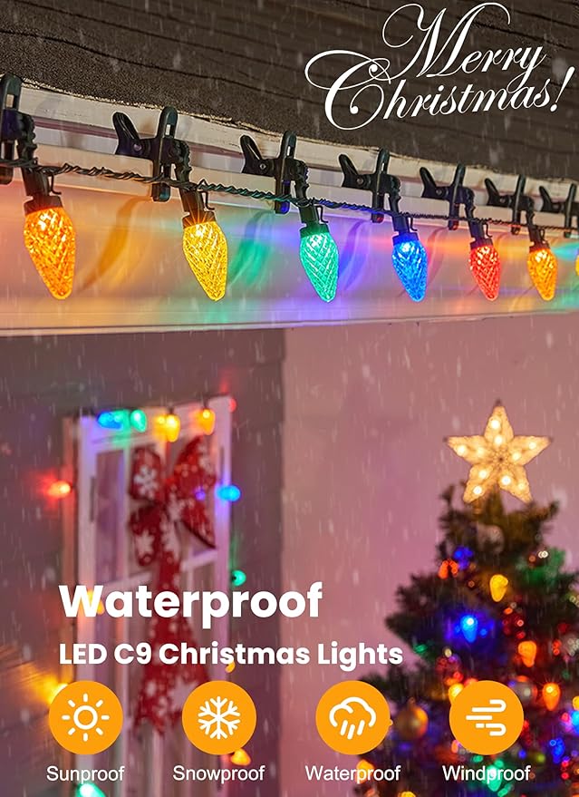 C9 LED Christmas Lights Outdoor, 66 Feet 100 LED C9 String Light with 100 Spring Clips, Waterproof Connectable Multicolor Christmas Tree Lights for Outside Roofline, Patio, Home Xmas Decor, 2 Pack