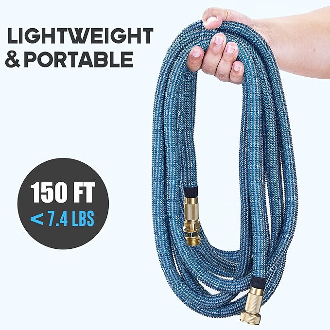 Expandable Garden Hose 150 ft with 10 Function Nozzle Sprayer, Lightweight Flexible Water Hose with Durable Collapsible Latex Core & Solid Brass Fittings, 150ft Retractable Stretch Hose, Blue & White