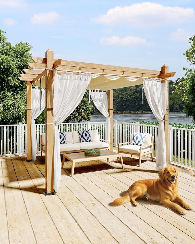 Garvee 10x10 Ft Outdoor Pergola with Retractable Canopy Metal Gazebo Imitation Wood-Grain Column with Side Mesh Screen Modern Pavilion for Backyard Deck(Beige+White)