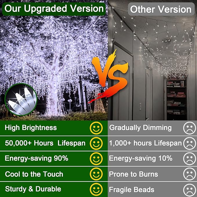 66FT LED Christmas Lights with 140 Drops, Outdoor Hanging Lights 490 LED 8 Modes, Outsite Fairy String Lights for Wedding Party Holiday Cool White