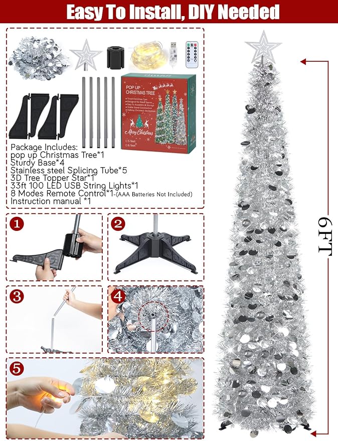 HMASYO 6 FT Pop Up Christmas Tree with 100 LED Lights & Remote, Silver Christmas Tinsel Tree, Collapsible Artificial Pencil Tree for Home Office Party Decor, USB Powered Timer Lights, Easy Assembly