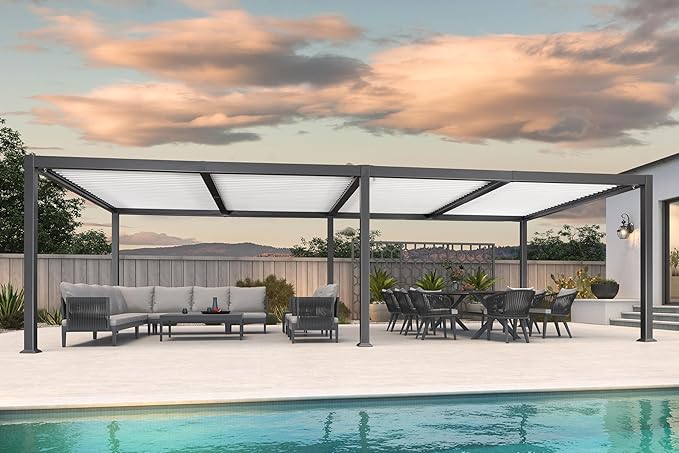 PURPLE LEAF Louvered Pergola 11' x 28' Aluminum Pergola with White Roof Four Independently Adjustable Hardtop Rainproof Louver for Patio Garden Backyard